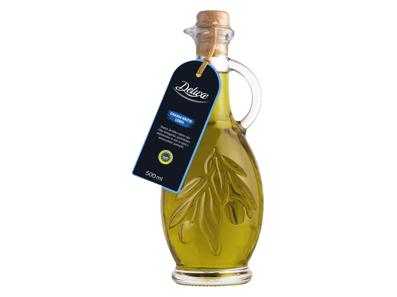 Steklenica ekstra deviškega oljčnega olja z etiketo, ki označuje 'CHANIA KRITIS (ZGO)' in '500 ml'.