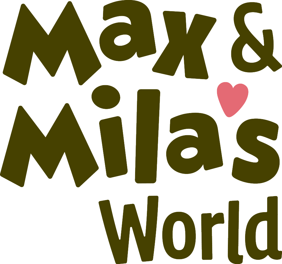 Logotip Max & Mila's World z rožnatim srcem.
