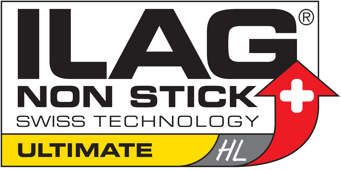 Logotip ILAG NON STICK SWISS TECHNOLOGY ULTIMATE HL z rdečo puščico in švicarskim križem