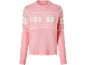 Roza pulover z belim Fair Isle vzorcem snežink.