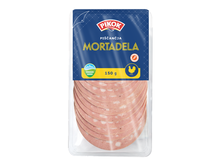 Pakirana piščančja mortadela, 150 g, brez glutena, slovenski izdelek.
