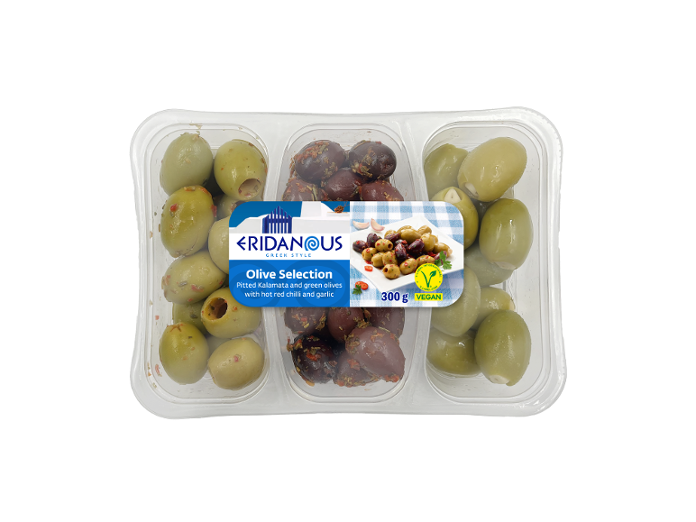 Grški izbor oliv: zelene in Kalamata s čilijem in česnom, pakiranje 300g.