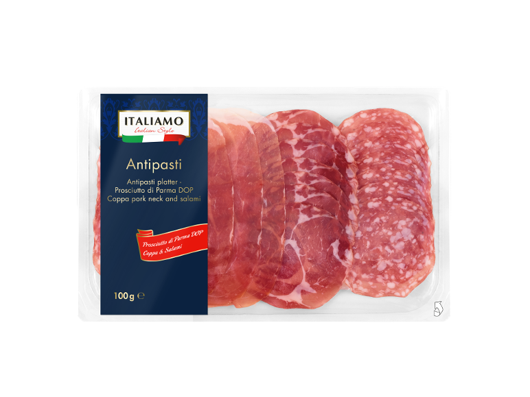 Antipasti pladenj s pršutom iz Parme, vratovino in salamo, 100 g