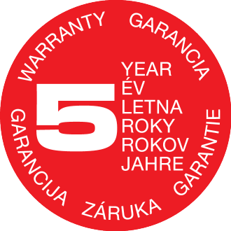 Rdeč pečat s 5-letno garancijo, besedilo v več jezikih