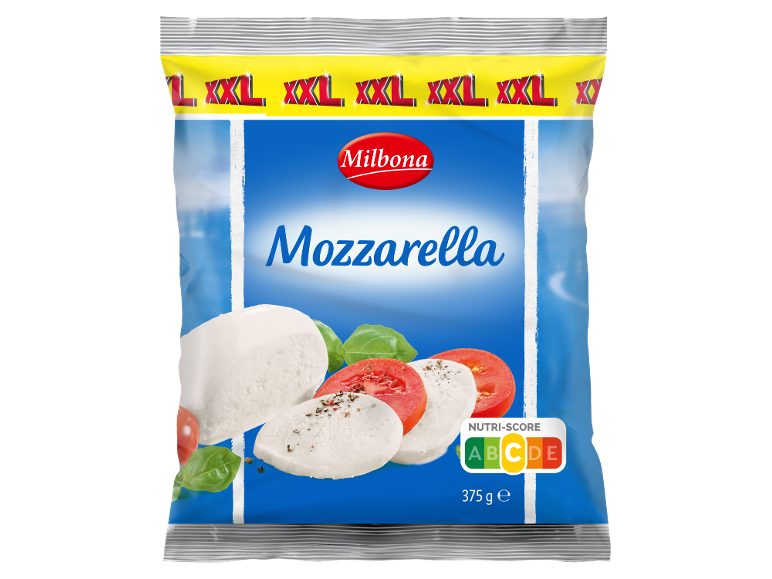 XXL pakiranje mocarele s paradižnikom in baziliko, 375 g, z oznako Nutri-Score C.