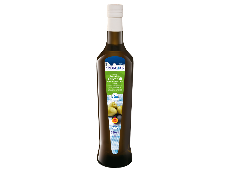Steklenica 750 ml grškega ekstra deviškega oljčnega olja z modro in zeleno etiketo.