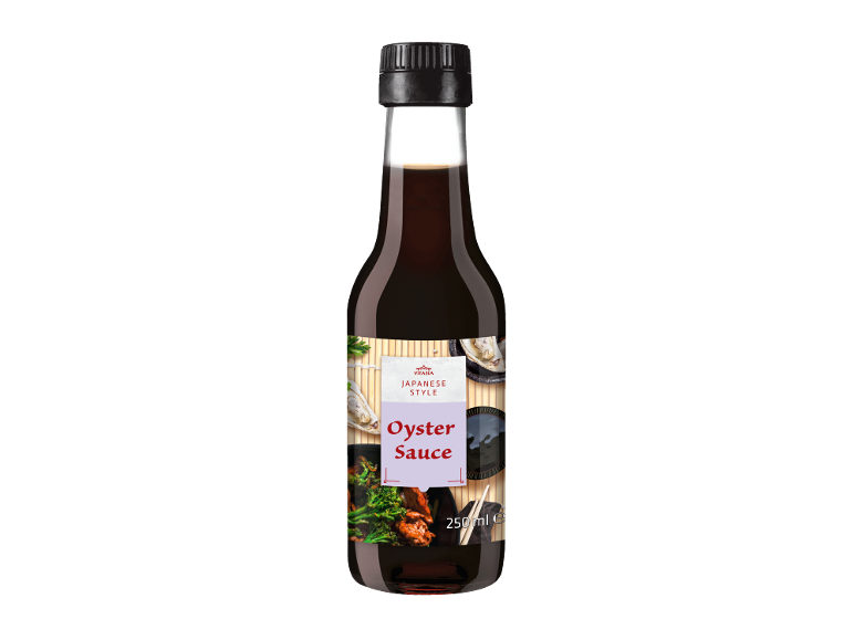 Steklenica japonske ostrigine omake s slikami ostrig in azijske hrane, 250 ml.