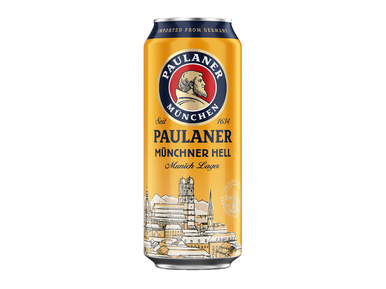 Pivo Munich Lager v pločevinki s klasičnim dizajnom in mestno pokrajino.