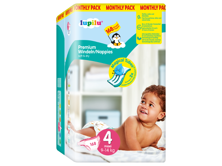 Paket otroških plenic velikosti 4 (9-14 kg) s 168 kosi, mehke in suhe.