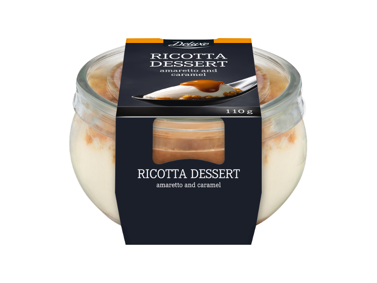 Milbona Selection Ricotta sladica z amaretom in karamelo, 110 g.