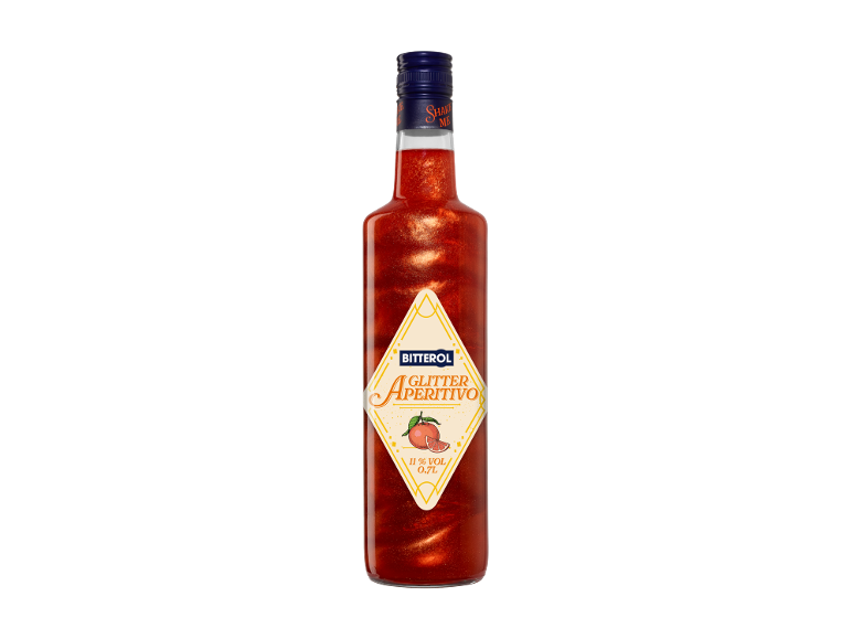 Bleščeča steklenica aperitiva s sliko grenivke in napisom „Glitter Aperitivo“.