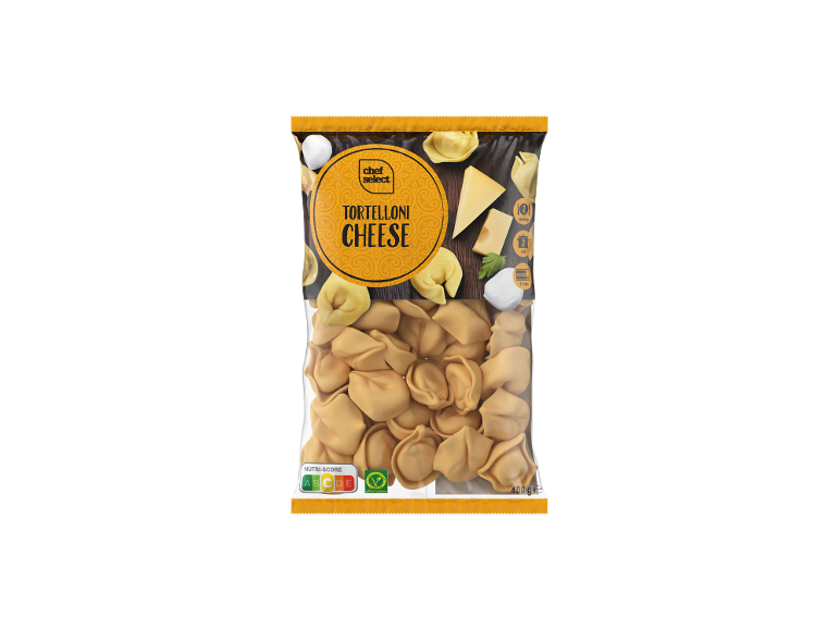 Paket sirovih tortellonov z Nutri-Score A in navodili za kuhanje.