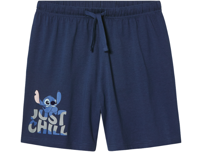 Modre pižama kratke hlače z odtisom risanega lika in besedilom 'Just Chill'.