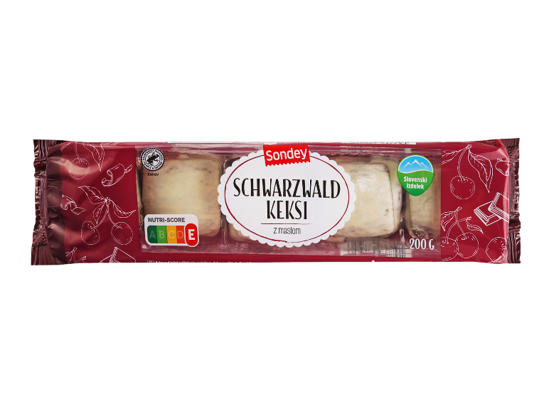 Paket Schwarzwalder keksov z maslom, z oznako Nutri-Score E in certifikatom Rainforest Alliance.