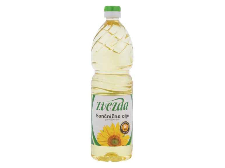 Steklenica rafiniranega sončničnega olja z etiketo sončnice.