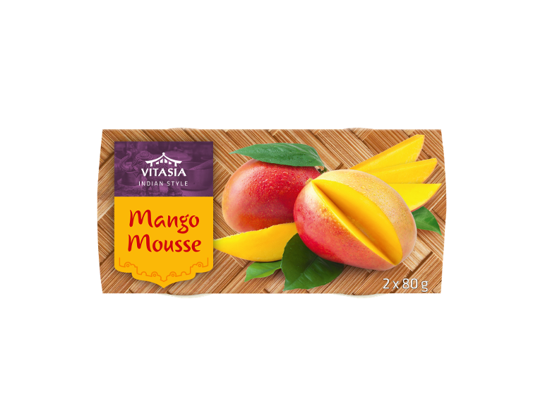 Mango mousse v indijskem slogu, s svežim mangom in zelenimi listi, 2x80g.