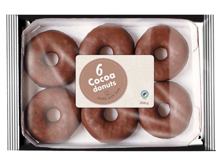 Paket 6 kakavovih krofov s čokoladno glazuro, z napisom '6 Cocoa donuts made with love'.