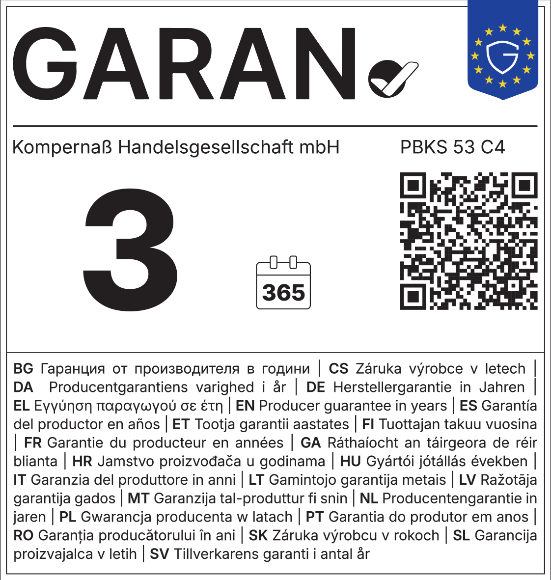 Garancija proizvajalca 3 leta, 365 dni, s QR kodo in številko PBKS 53 C4.