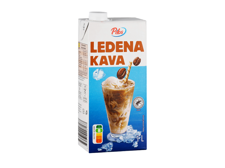 Karton ledenega kave s sladoledom, kavnimi zrni in kockami ledu.