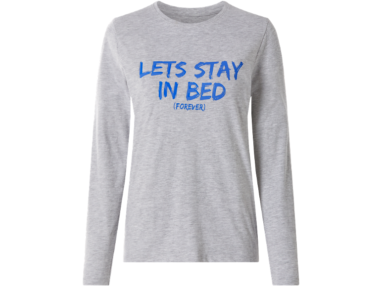 Siva majica z dolgimi rokavi z modrim napisom 'LETS STAY IN BED (FOREVER)'.