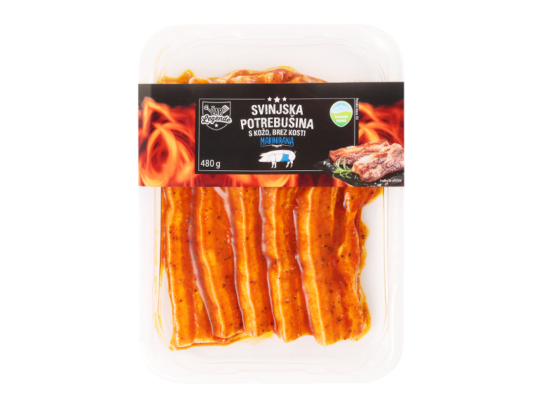 Marinirana svinjska potrebušina s kožo, brez kosti, 480 g, slovenski izdelek.
