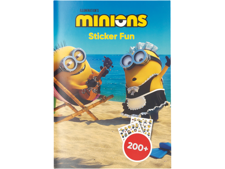 Knjiga nalepk Minions z več kot 200 nalepkami, z Minionom, ki igra kitaro, in Minionom v obleki sobarice na plaži.