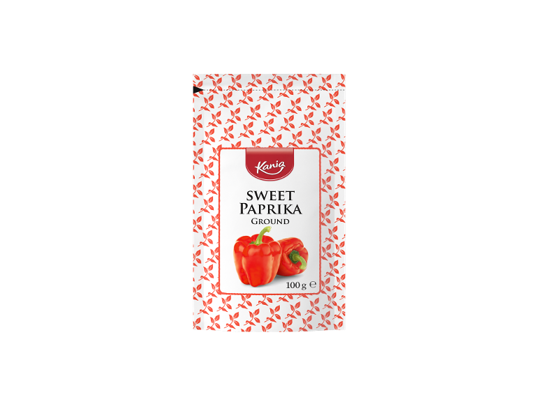 Paket mlete sladke paprike z ilustracijo rdečih paprik.