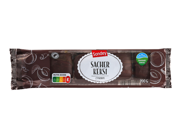 Čokoladni Sacher keksi z maslom, z Nutri-Score E, v pakiranju 200 g.