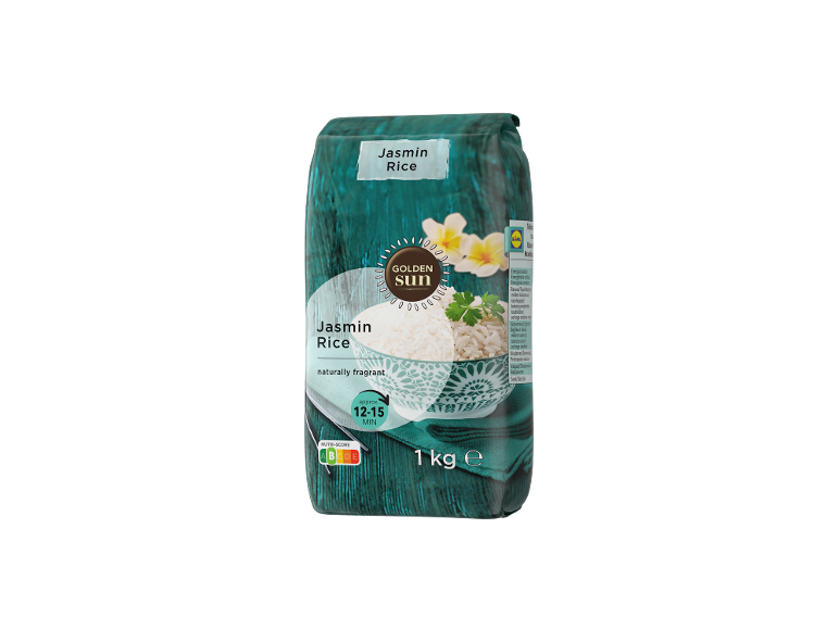 Paket 1 kg jasminovega riža z napisom 'naravno dišeč' in oznako Nutri-Score B.
