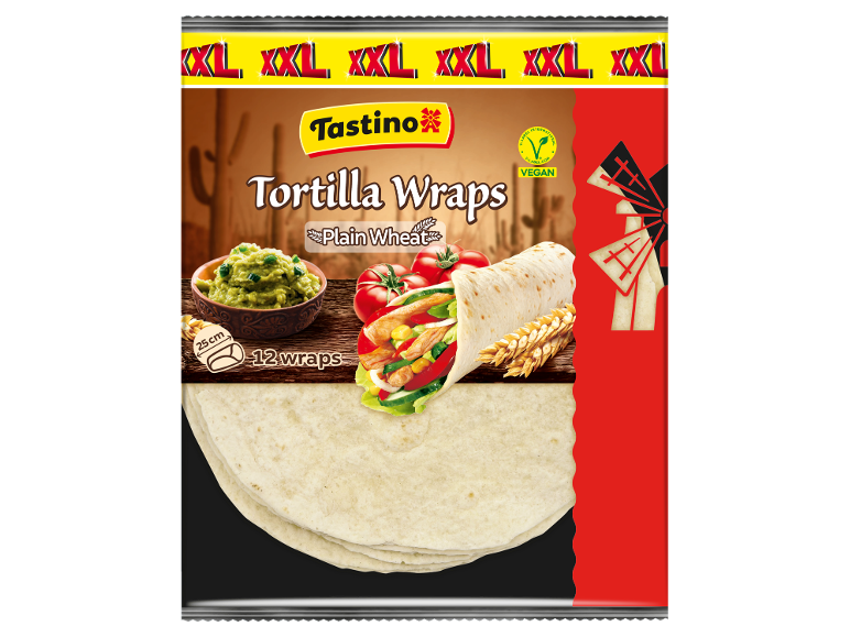 Paket 12 pšeničnih tortilj premera 25 cm, s piščancem in gvakamole nadevom.
