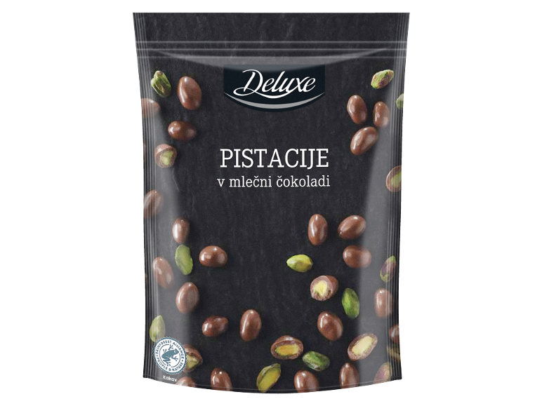 Pistacije v mlečni čokoladi v črni embalaži