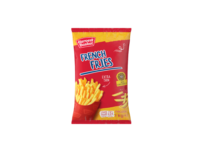 Vrečka ekstra tankega zamrznjenega pomfrita s sončničnim oljem, 1 kg.