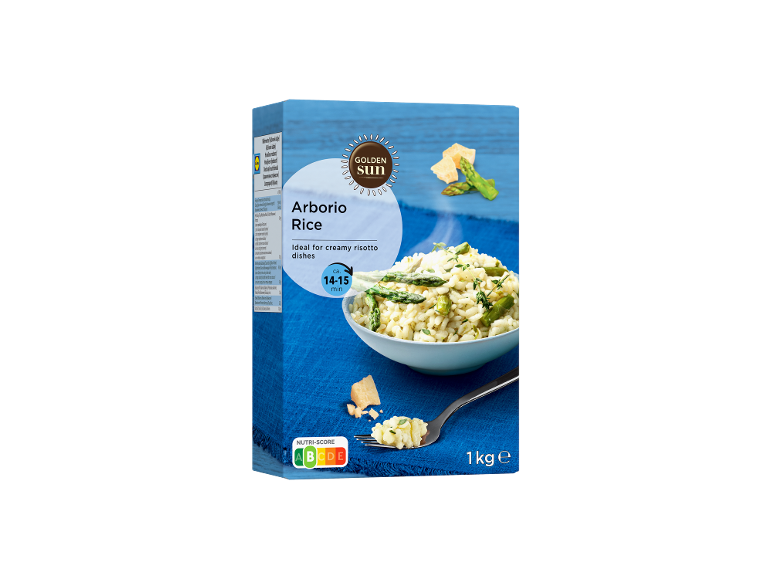 Arborio riž za kremast rižoto, s časom kuhanja 14-15 minut in Nutri-Score A.
