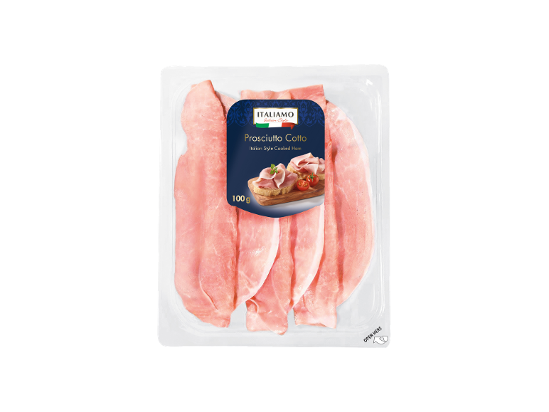 Pakiranje italijanske kuhane šunke, 100g, z napisom „Odpri tukaj“.