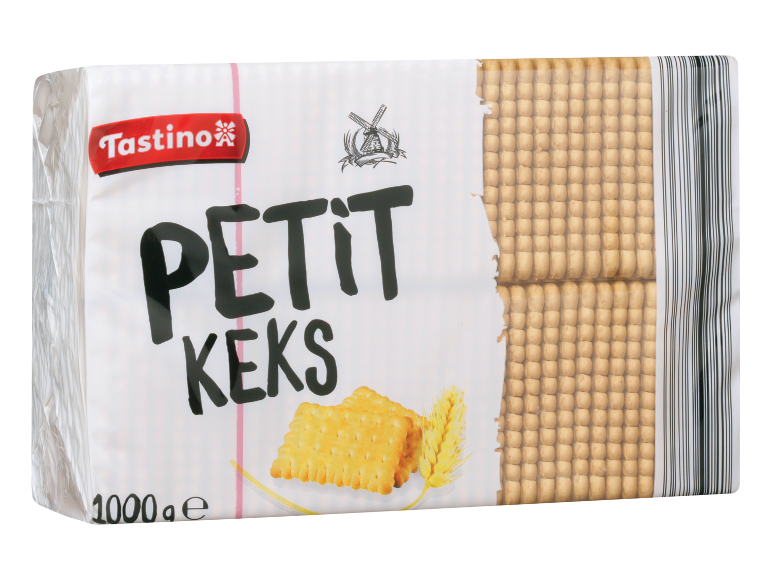 Paket piškotov tipa petit keks z ilustracijami piškotov in pšeničnih klasov.