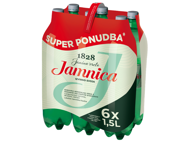 Paket 6 steklenic gazirane mineralne vode po 1,5L, z napisom 'SUPER PONUDBA'.