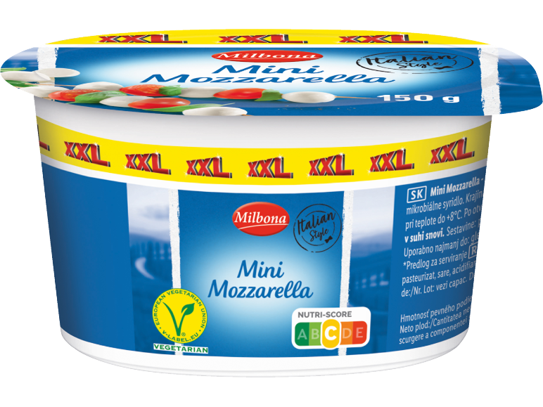 Pakiranje mini mozzarelle v italijanskem slogu z oznako XXL in Nutri-Score A.