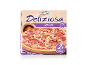 Škatla zamrznjene pice s salamo, šunko in gobami, z napisom „Deliziosa Speciale“.