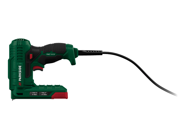 Zelena električna spenjalnica s črnim kablom, prikazuje tipe sponk 53 (6-14 mm) in 47 (14-15 mm).