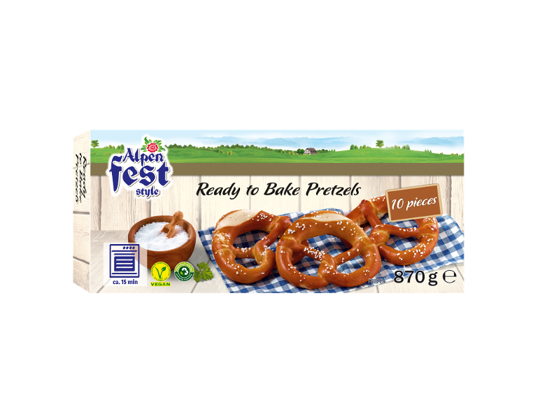 Pretzelji pripravljeni za peko, 10 kosov, 870g, s soljo in časom peke.