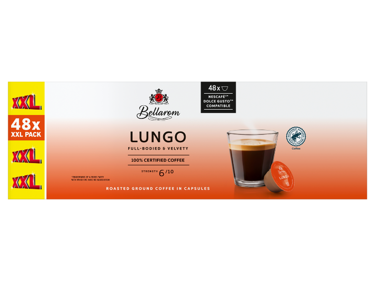 Kava Lungo v kapsulah, 48-kratno pakiranje, moč 6/10, 100% certificirana kava.