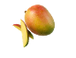 Cel mango in dve rezini manga z vodnimi kapljicami na črnem ozadju.