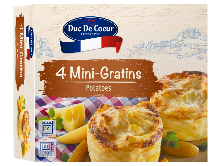 Škatla s 4 mini krompirjevimi gratinami s sirom, z navodili za kuhanje.