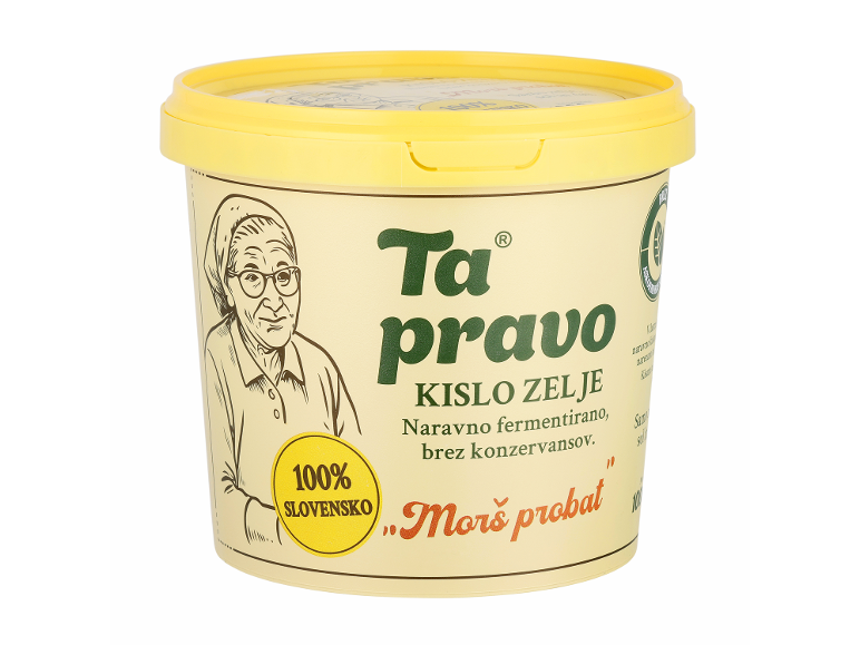 Rumen plastični zabojnik kislega zelja z ilustracijo babice in slovenskim besedilom.