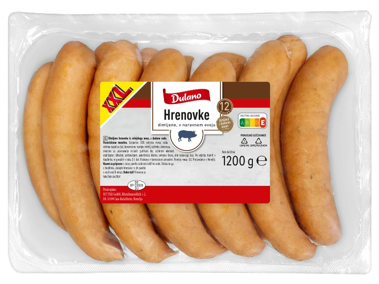 Pakirane dimljene hrenovke z Nutri-Score oznako in informacijami o izdelku.