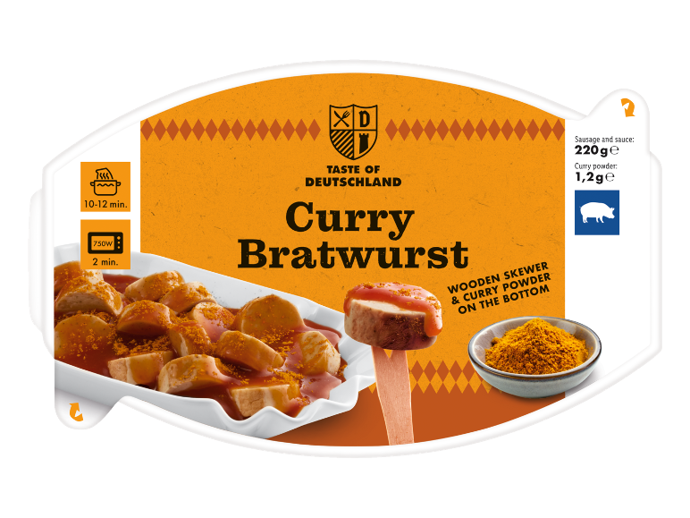 Embalaža Curry Bratwurst z navodili za kuhanje in informacijami o teži.