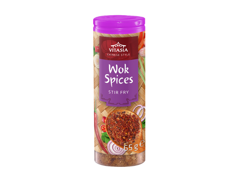 Kozarec začimb za vok z napisom 'Wok Spices Stir Fry' in 65g, s čilijem in čebulo.