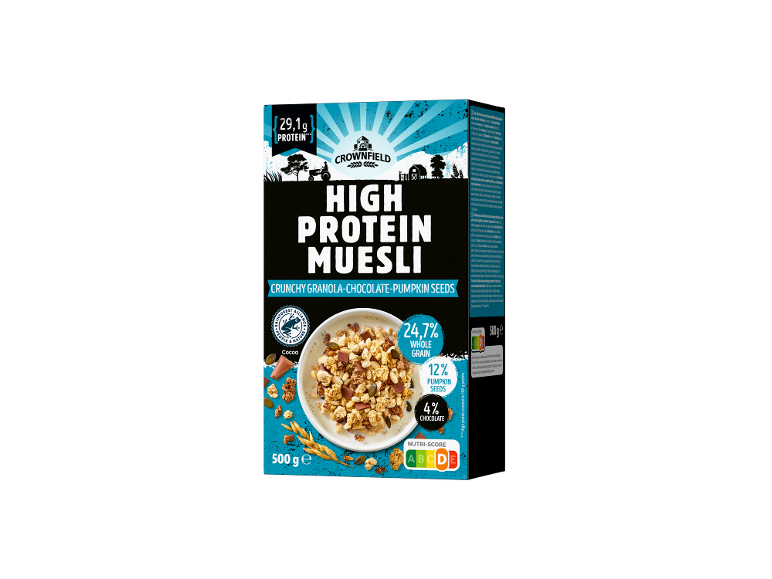 Visokobeljakovinski müsli s hrustljavo granolo, čokolado in bučnimi semeni, 500g.