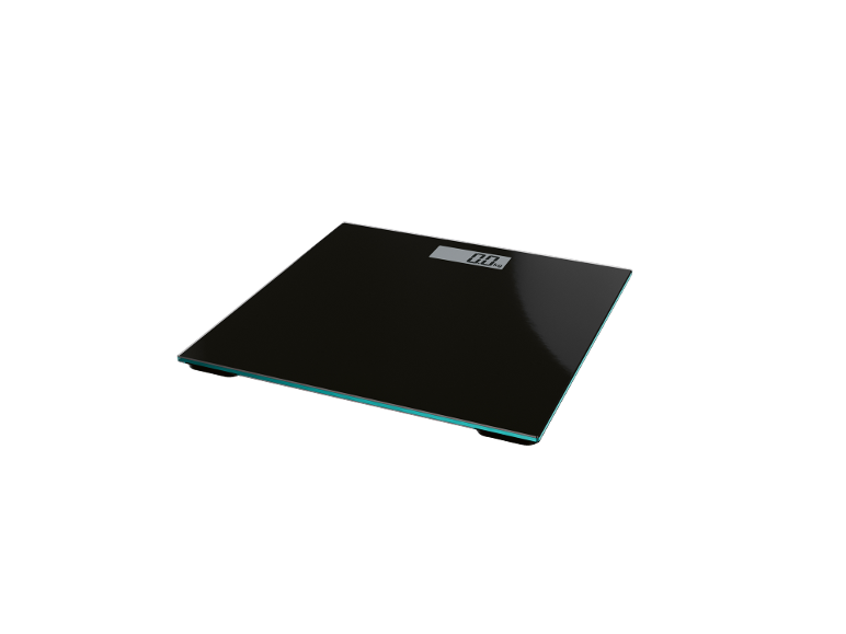 Črna digitalna kopalniška tehtnica s prikazom 0,0 kg.