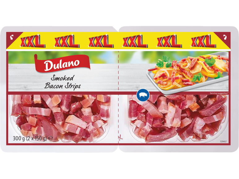 XXL prekajene slaninove rezine v dvojnem pakiranju, s predlogom za serviranje.